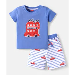 Babyhug Single Jersey Knit Half Sleeves T-Shirt & Shorts Set with Car Print - Light Blue-picture-37