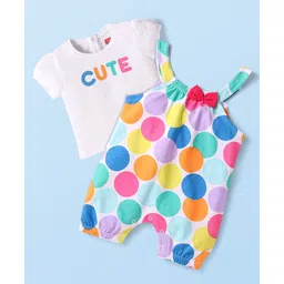 Babyhug Single Jersey Knit Half Sleeves T-Shirt with Dungaree Style Romper Cute & Polka Dots Printed - White Pink & Blue-picture-22