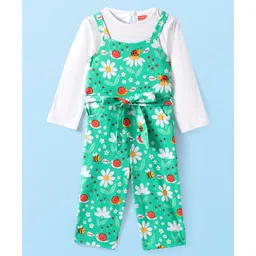 Babyhug Single Jersey Knit Jumpsuit & Full Sleeves T-Shirt With Floral Print - Green-picture-26