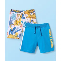 Babyhug Single Jersey Knit Mid Thigh Shorts with Animal & Jungle Safari Text Print Pack Of 2 - White & Blue-picture-14