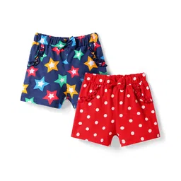 Babyhug Single Jersey Knit Mid Thigh Shorts With Polka Dot & Star Print & Bow Applique Pack of 2 - Red & Navy Blue-picture-11