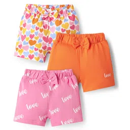 Babyhug Single Jersey Knit Shorts With Hearts Print & Bow Applique Pack Of 3 - Orange Pink & White-picture-21