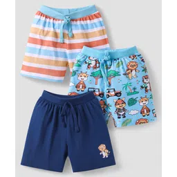 Babyhug Single Jersey Knit Shorts with Stripes & Animal Print Pack of 3 - Light Blue & Navy Blue-picture-34