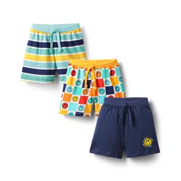 Babyhug Single Jersey Knit Shorts With Stripes & Smiley Print Pack Of 3 - Navy Blue Light Blue & Yellow-picture-30