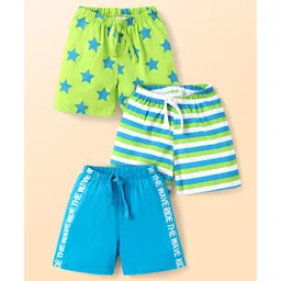Babyhug Single Jersey Knit Shorts with Stripes Star & Text Print Pack of 3 - Limegreen & Light Blue-picture-12