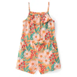 Babyhug Single Jersey Knit Singlet Sleeves Floral Print Jumpsuit with Bow Applique - Orange-picture-13