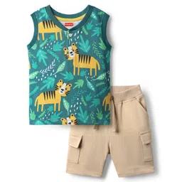 Babyhug Single Jersey Knit Sleeveless Tank T-Shirt & Shorts Set With Tiger Print - Green & Brown-picture-14