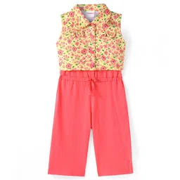Babyhug Single Jerssey Knit Sleeveless Jumpsuit with Floral Printed Collared Top - Coral-picture-12