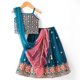 Babyhug Singlet Sleeves AblaEmbroidered Choli With Lehenga and Dupatta Set - Teal Blue-picture-28