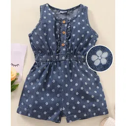 Babyhug Sleeveless Denim Jumpsuit Floral Print- Blue-picture-10