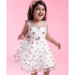 Babyhug Sleeveless Floral Printed & Applique Flared Party Dress - White-picture-28