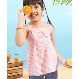 Babyhug Sleeveless Seer Sucker Woven Top With Stripes & Bow Detailing - Peach-picture-15