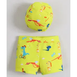 Babyhug Swimming Trunks With Dino Print & Cap - Yellow-picture-28