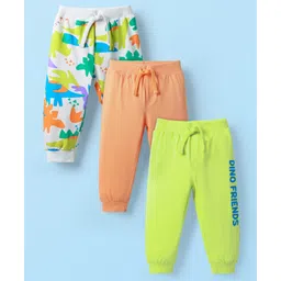 Babyhug Terry Cotton Knit Full Length Dino & Text Printed Lounge Pants Pack Of 3 - Orange Limegreen & White-picture-19