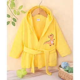 Babyhug Terry Knit Full Sleeves Hooded Bath Robe With Dino Patch- Yellow-picture-28