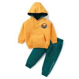 Babyhug Terry Knit Full Sleeves Hooded Sweatshirt & Lounge Pant Set With Adventure Print & Patch & Kangaroo Pockets - Yellow & Green-picture-12