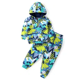 Babyhug Terry Knit Full Sleeves Hooded T-Shirt & Lounge Pants Set Smile Print - Navy-picture-19