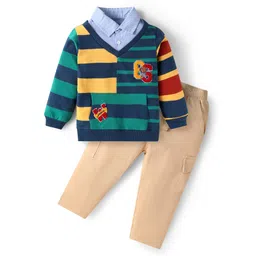 Babyhug Terry Knit Full Sleeves Overlapped T-Shirt & Lounge Pant Set With Text Embroidery - Dark Green & Beige-picture-13