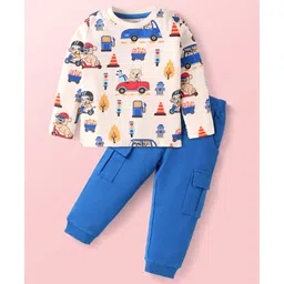 Babyhug Terry Knit Full Sleeves T-Shirt & Joggers Set with Vehicle Print - Blue-picture-18