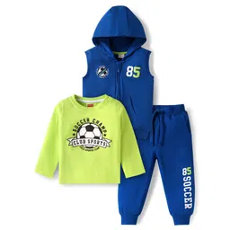Babyhug Terry Knit Full Sleeves T-Shirt & Lounge Pant Set with Hooded Sweatjacket & Soccer Print - Blue-picture-27