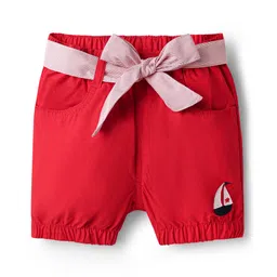 Babyhug Twill Woven Mid Thigh Shorts With Boat Embriodery - Red-picture-17