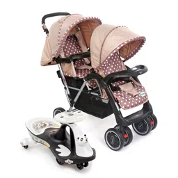Babyhug Twinster Stroller - Coffee Brown AND Babyhug Baby Panda Gyro Swing Car - Black & White-image-15