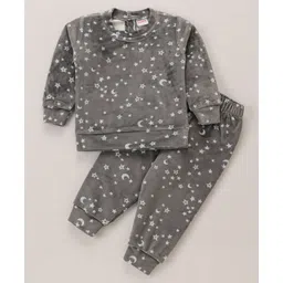 Babyhug Velour Woven Full Sleeves Winter Wear Co-Ord Set With Moon & Stars Print - Grey-picture-38
