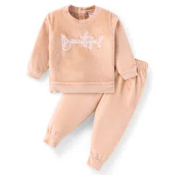 Babyhug Velour Woven Full Sleeves Winter Wear Suit With Text Embroidery - Peach-picture-39