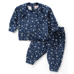 Babyhug Velour Woven Full Sleeves Winter Wear T-Shirt & Lounge Pant Co-Ord Set With Snowflake Print - Navy Blue-picture-16