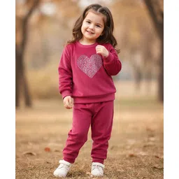 Babyhug Velour Woven Full Sleeves Winter Wear T-Shirt & Lounge Pant Set With Heart Embroidery - Fuchsia-picture-19