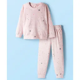 Babyhug Velour Woven Full Sleeves Winter Wear T-Shirt & Lounge Pant Set With Star Print - PInk-picture-14