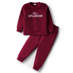 Babyhug Velour Woven Full Sleeves Winter Wear T-Shirt & Lounge Pant Set With Text Embroidery - Wine image 2
