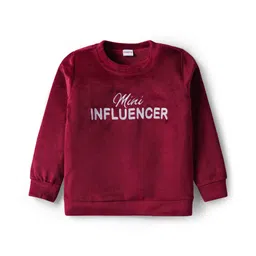 Babyhug Velour Woven Full Sleeves Winter Wear T-Shirt & Lounge Pant Set With Text Embroidery - Wine image 3