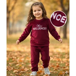 Babyhug Velour Woven Full Sleeves Winter Wear T-Shirt & Lounge Pant Set With Text Embroidery - Wine-picture-24
