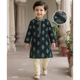 Babyhug Velvet Woven Full Sleeves Kurta Pyjama Set with Floral Embroidery - Dark Green-picture-20