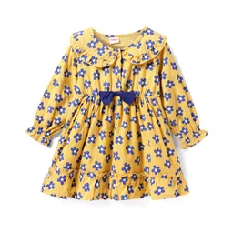 Babyhug Viscose Woven Full Sleeves Floral Printed Frock with Peter Pan Collar & Bow Detailing - Yellow-picture-10