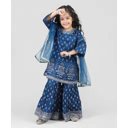 Babyhug Woven 3/4th Sleeves Foil Printed Kurti Gharara & Net Dupatta Set - Teal Blue-picture-12