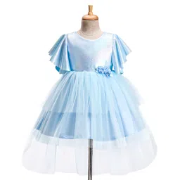 Babyhug Woven  Flared Sleeves Fit and Flare High Low Party Dress with Floral Corsage- Blue-picture-14