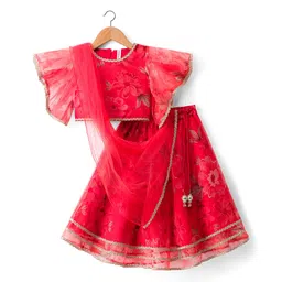 Babyhug Woven Floral Printed Flutter Sleeves Choli Lehenga Set with Floral Print & Lace Detailing & Dupatta - Orange-picture-17