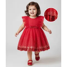 Babyhug Woven Frill Sleeve Fit & Flare Party Dress with Frills Floral Corsage & Sequins - Red-picture-29