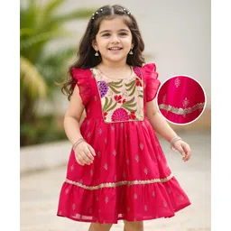 Babyhug Woven Frill Sleeves Ethnic Dress With Floral Embroidery & Sequin Detailing - Fuchsia-picture-27