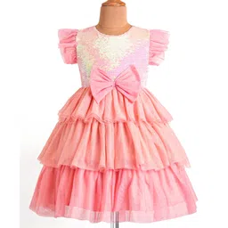 Babyhug Woven Frill Sleeves Layered Party Dress with Sequins & Bow Detailing - Pink-picture-23