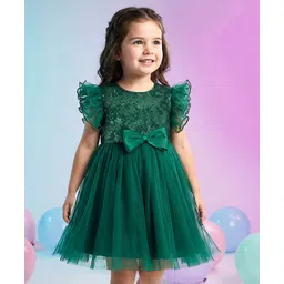 Babyhug Woven Frill Sleeves Mesh Party Dress With Sequin Detailing & Bow Applique - Green-picture-15
