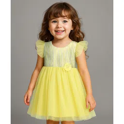 Babyhug Woven Frill Sleeves Party Dress With Floral Applique - Yellow-picture-37