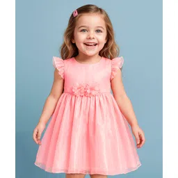 Babyhug Woven Frill Sleeves Party Dress With Floral Corsage - Peach-picture-33
