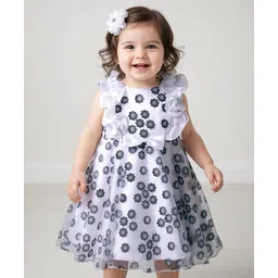 Babyhug Woven Frill Sleeves Party Dress with Floral Glitter Print & Bow Applique - White-picture-36