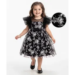 Babyhug Woven Frill Sleeves Party Dress With Floral Glitter Print - Black-picture-39
