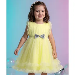 Babyhug Woven Frill Sleeves Party Mesh Dress with Bow Applique & Sequin Detailing - Yellow-picture-18