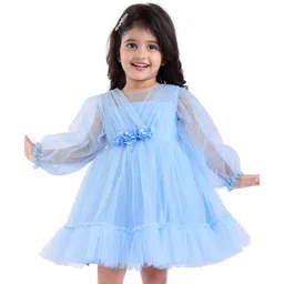 Babyhug Woven Full Peasant Sleeves Fit & Flared Party Frock with Overlap Design & Floral Applique - Light Blue-picture-13