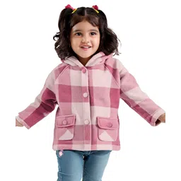 Babyhug Woven Full Raglan Sleeves Checkered Hooded Coat - Pink-picture-26